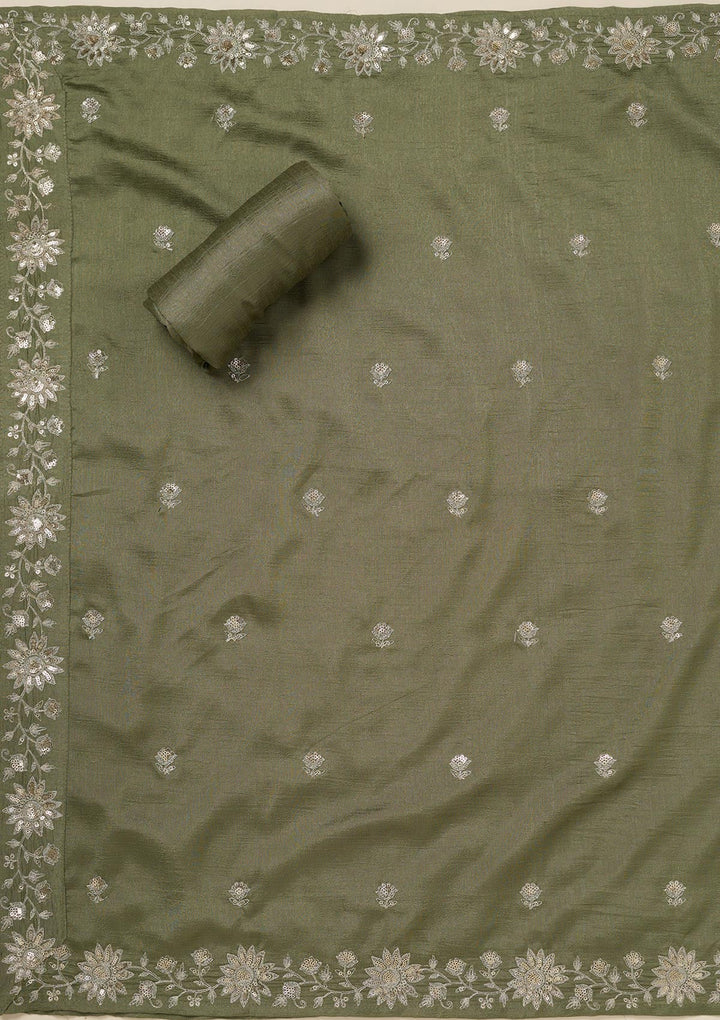 Pista Green Zariwork (Silver) Soft Raw Silk Unstitched Salwar Suit_koskii