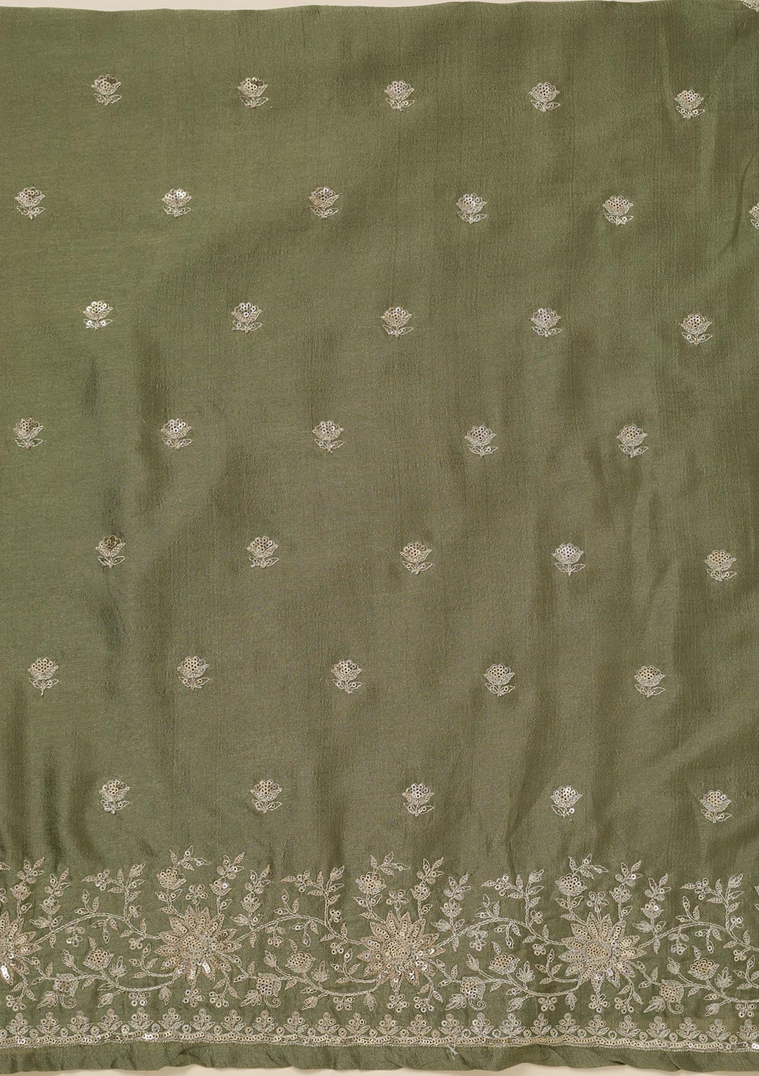 Pista Green Zariwork (Silver) Soft Raw Silk Unstitched Salwar Suit_koskii