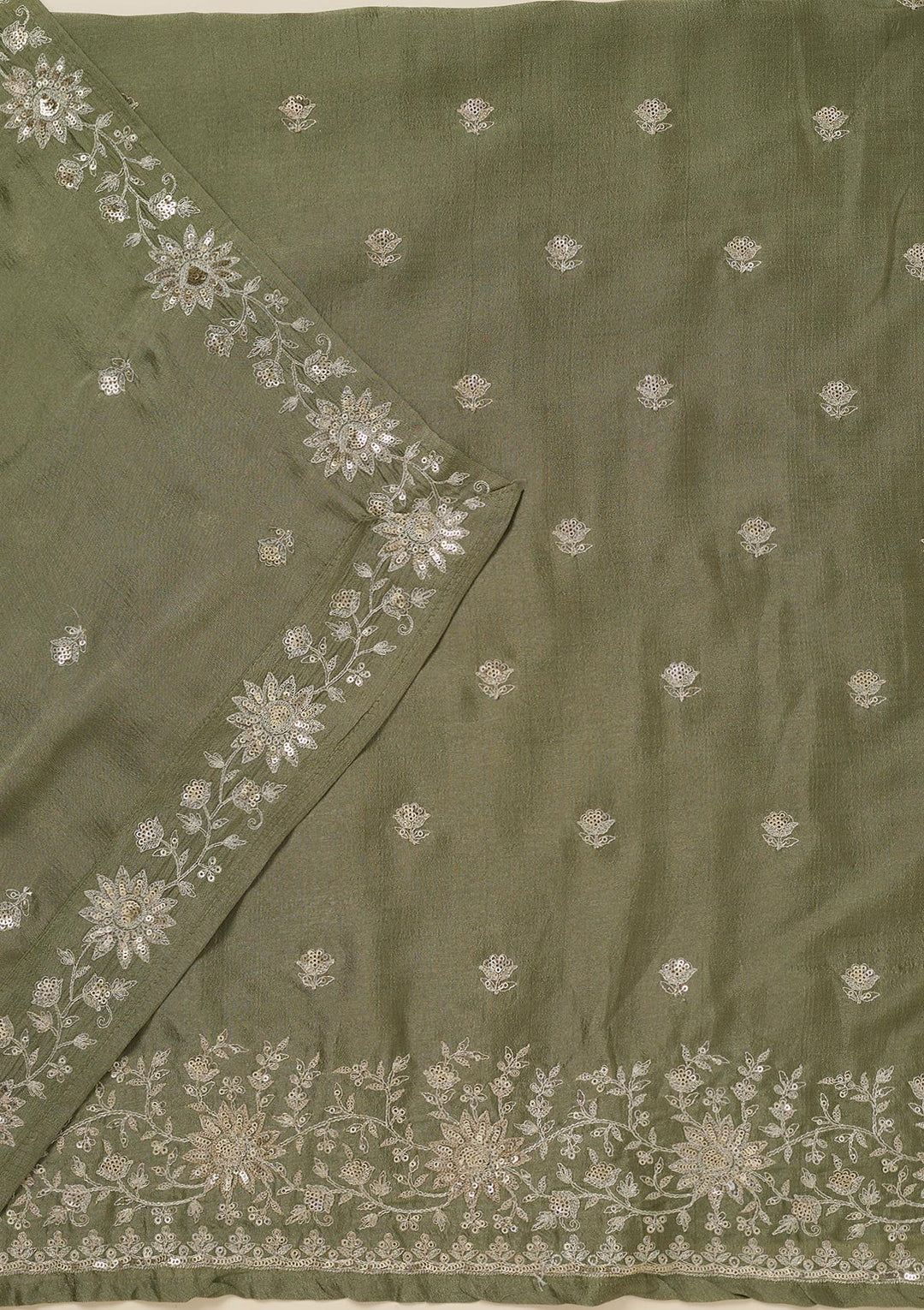 Pista Green Zariwork (Silver) Soft Raw Silk Unstitched Salwar Suit_koskii
