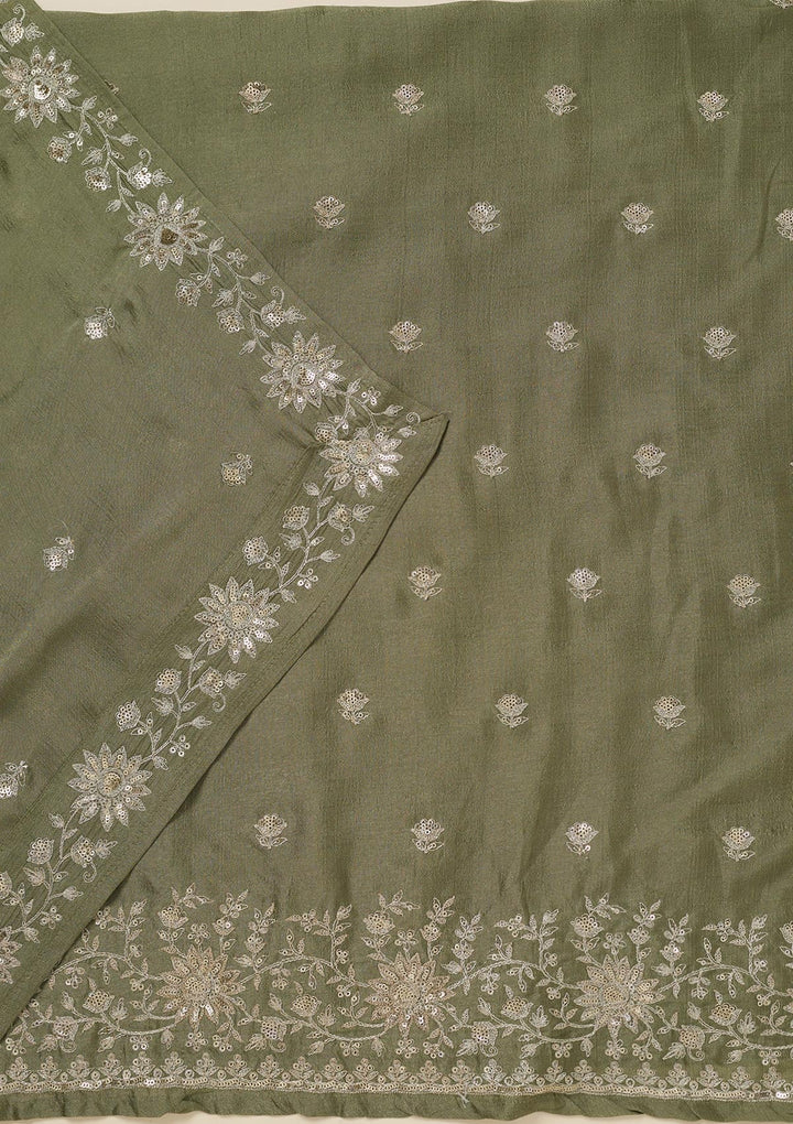 Pista Green Zariwork (Silver) Soft Raw Silk Unstitched Salwar Suit_koskii