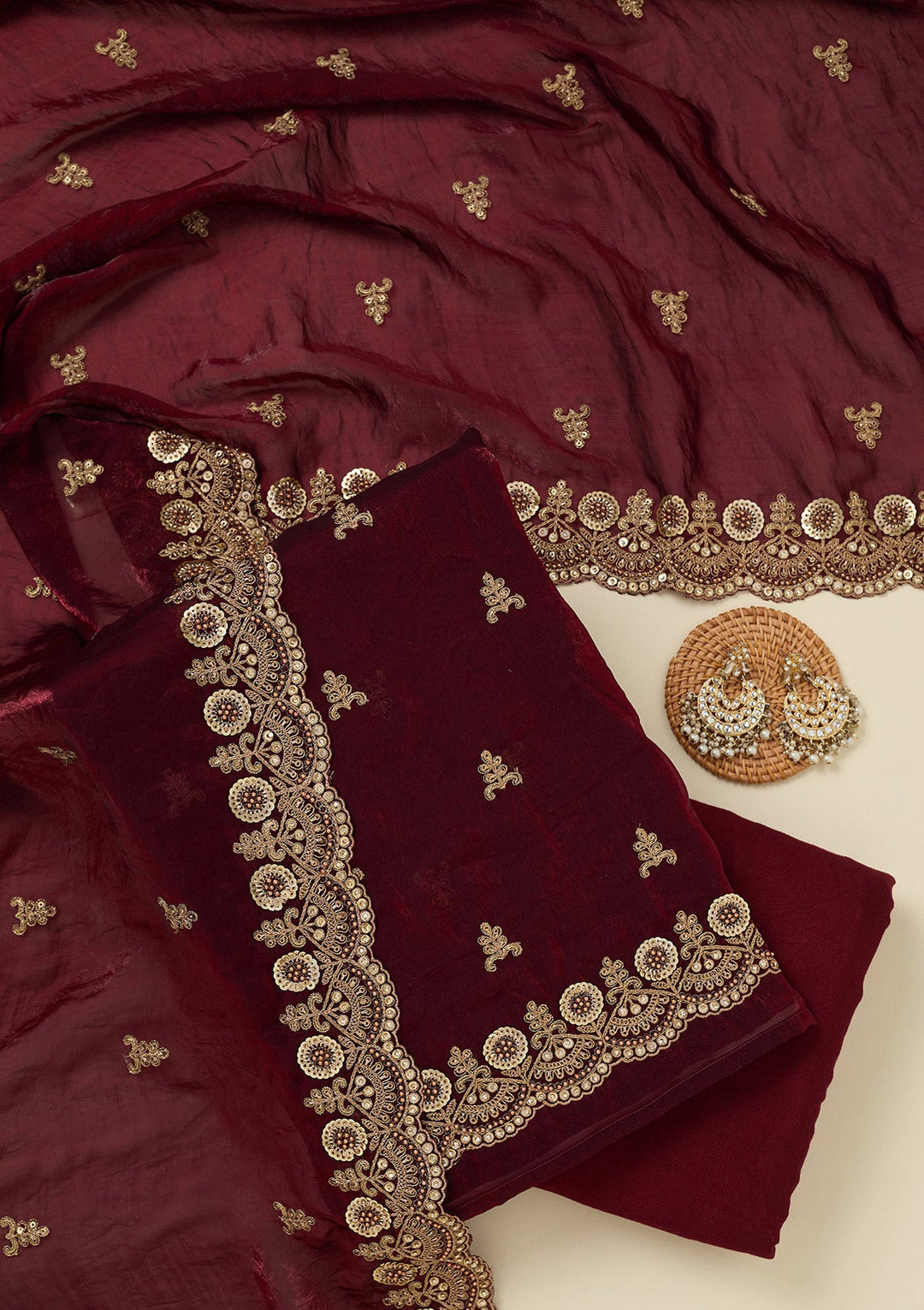 Maroon Cording Organza Unstitched Salwar Suit_koskii