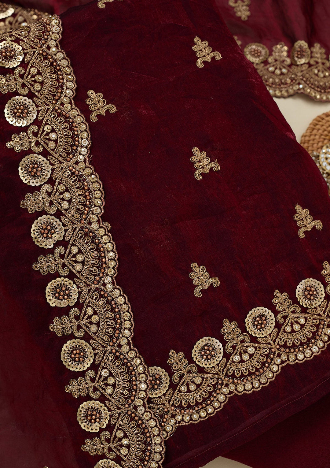 Maroon Cording Organza Unstitched Salwar Suit_koskii