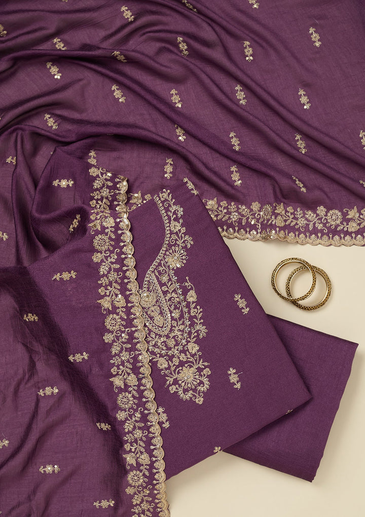 Purple Cording Organza Unstitched Salwar Suit_koskii