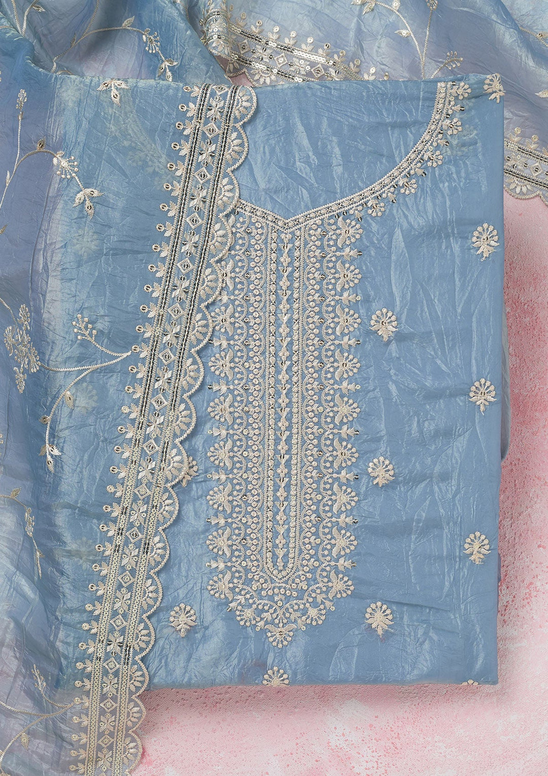 Grey Threadwork Tissue Unstitched Salwar Suit-koskii