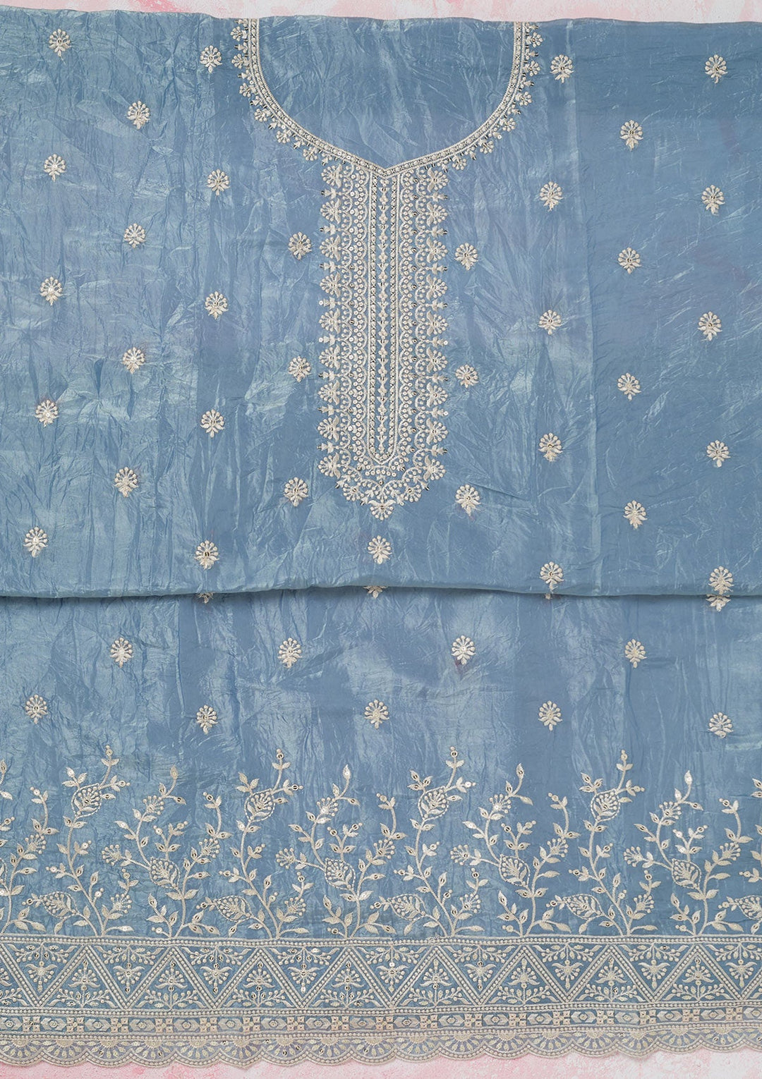 Grey Threadwork Tissue Unstitched Salwar Suit-koskii