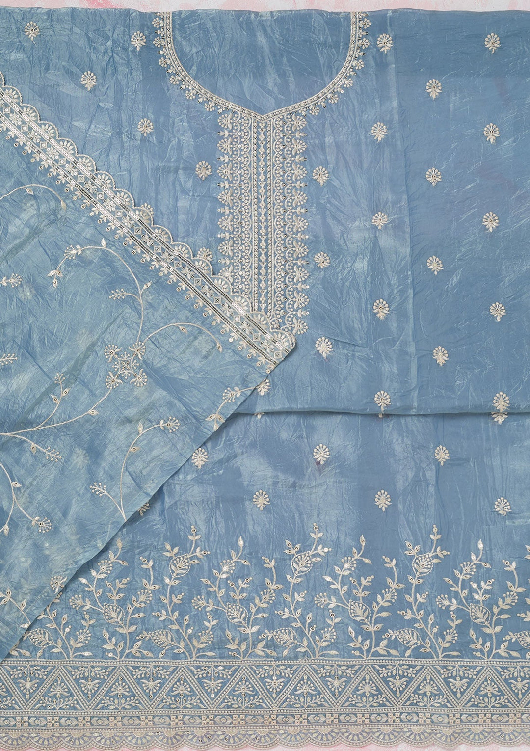 Grey Threadwork Tissue Unstitched Salwar Suit-koskii