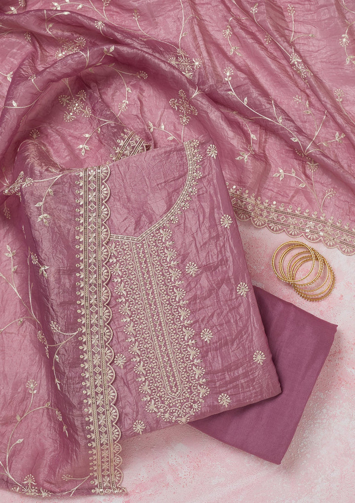 Onion Pink Threadwork Tissue Unstitched Salwar Suit-koskii