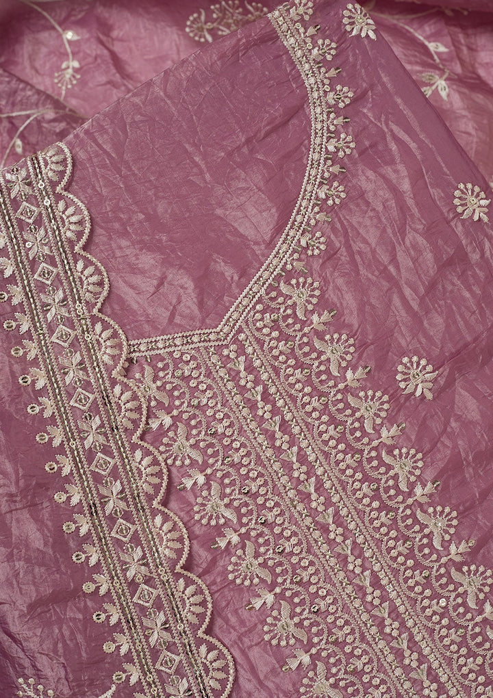 Onion Pink Threadwork Tissue Unstitched Salwar Suit-koskii