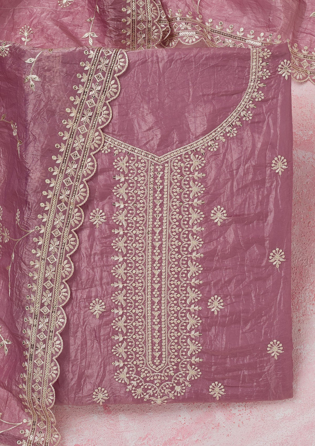 Onion Pink Threadwork Tissue Unstitched Salwar Suit-koskii