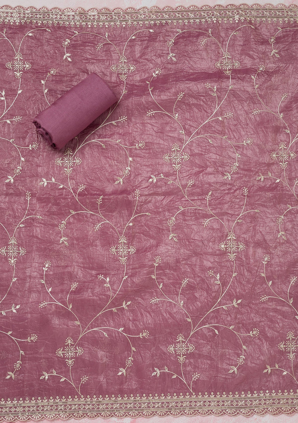 Onion Pink Threadwork Tissue Unstitched Salwar Suit-koskii