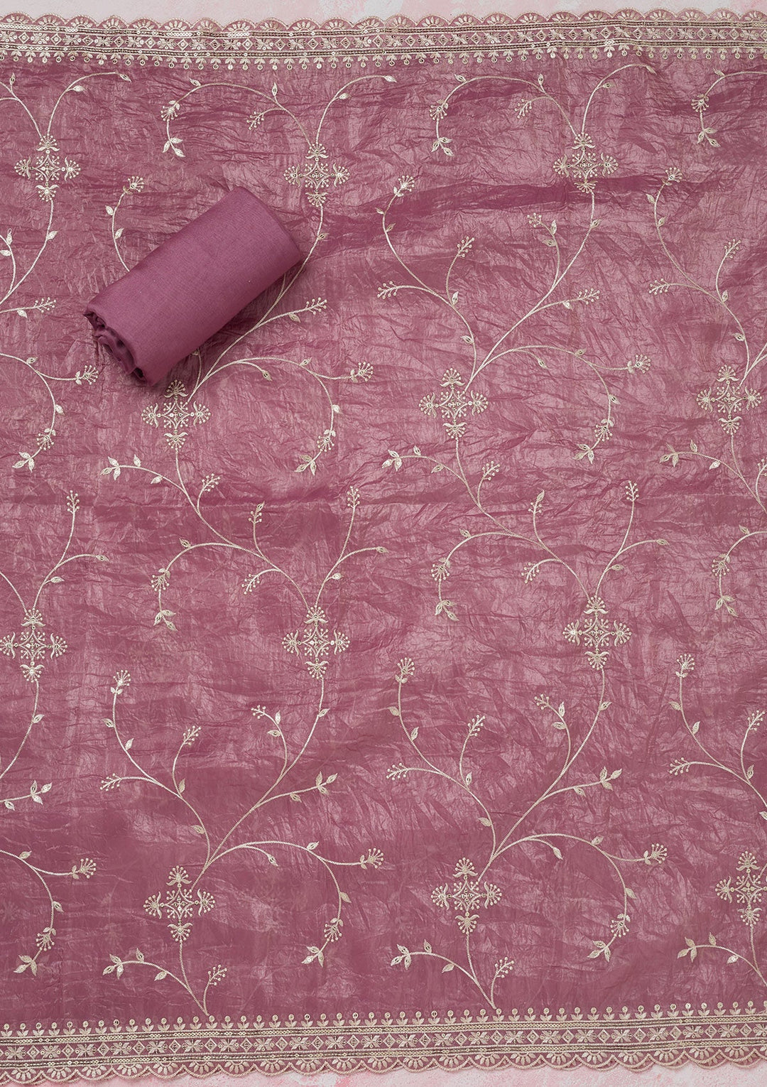 Onion Pink Threadwork Tissue Unstitched Salwar Suit-koskii