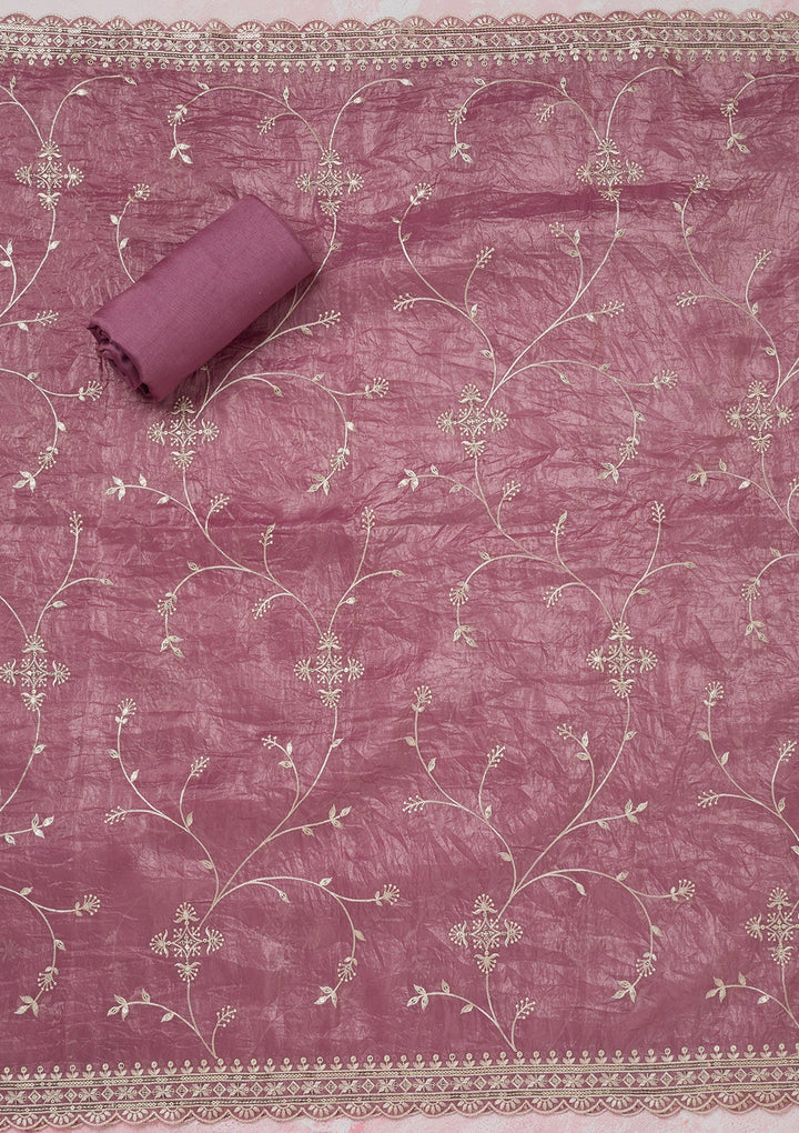 Onion Pink Threadwork Tissue Unstitched Salwar Suit-koskii