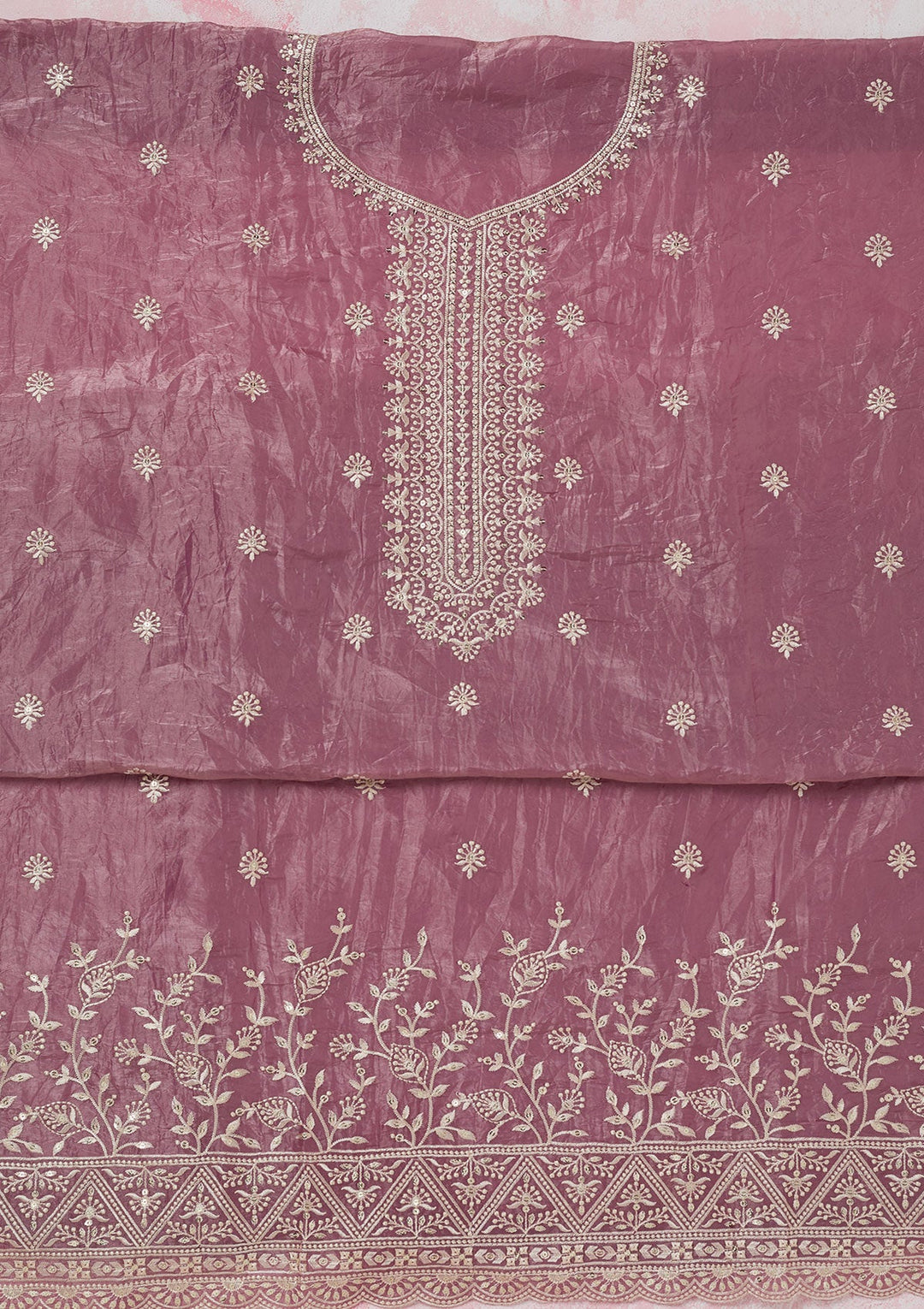 Onion Pink Threadwork Tissue Unstitched Salwar Suit-koskii