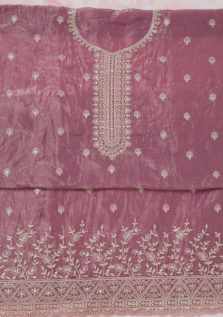 Onion Pink Threadwork Tissue Unstitched Salwar Suit-koskii