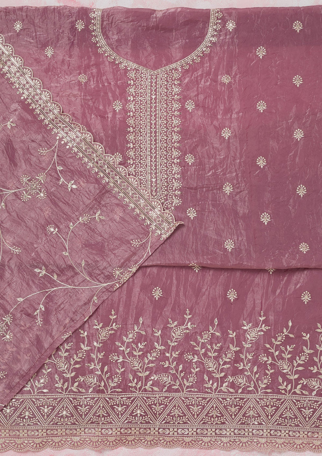 Onion Pink Threadwork Tissue Unstitched Salwar Suit-koskii