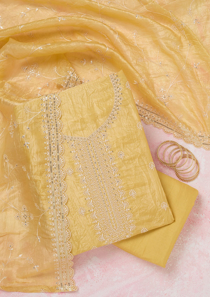 Yellow Threadwork Tissue Unstitched Salwar Suit-koskii