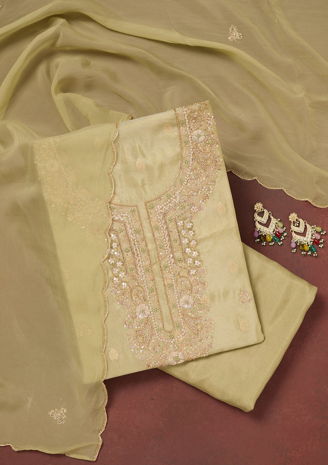 Pista Green Cutdana Organza Unstitched Salwar Suit-Koskii