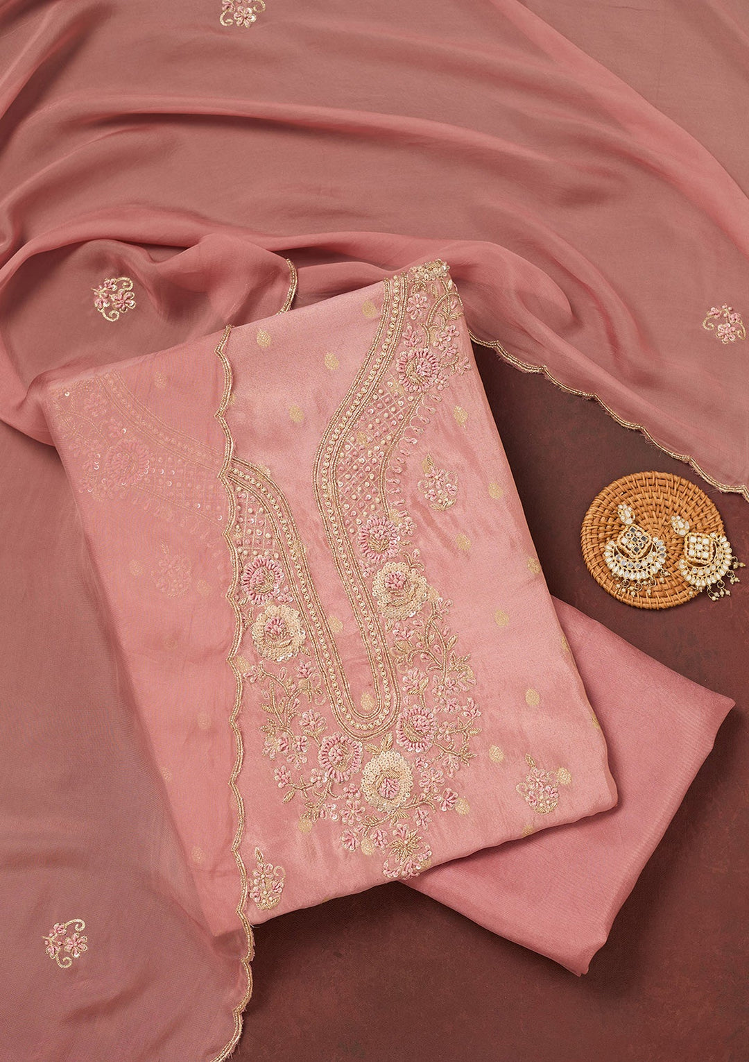 Onion Pink Cutdana Organza Unstitched Salwar Suit-Koskii