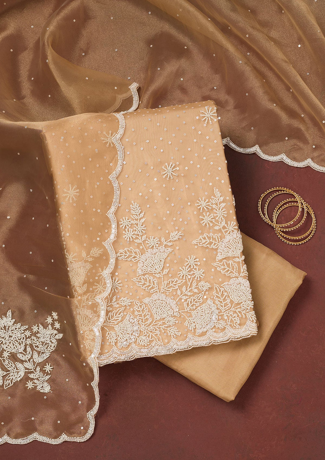 Light Brown Cutdana Organza Unstitched Salwar Suit-Koskii