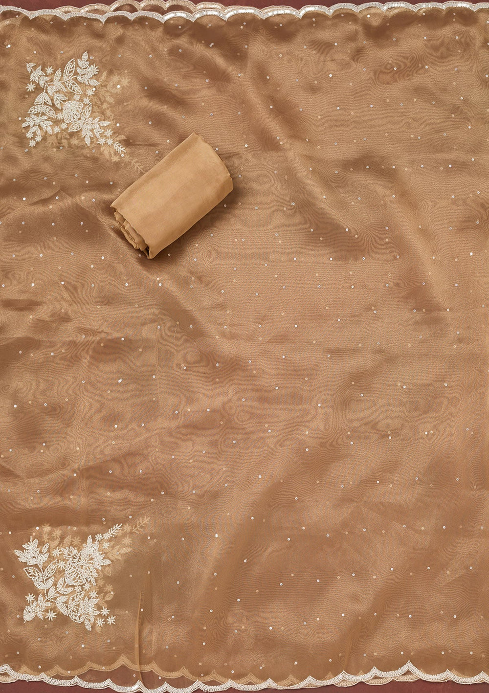 Light Brown Cutdana Organza Unstitched Salwar Suit-Koskii
