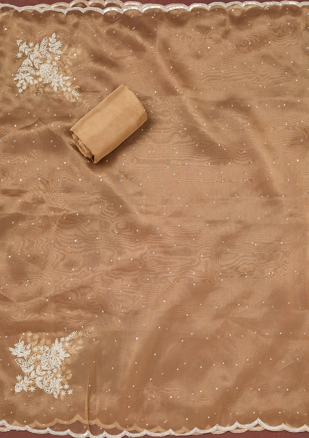 Light Brown Cutdana Organza Unstitched Salwar Suit-Koskii