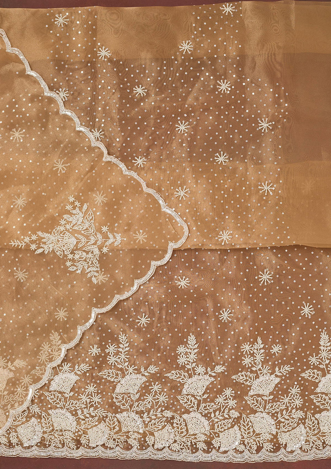 Light Brown Cutdana Organza Unstitched Salwar Suit-Koskii