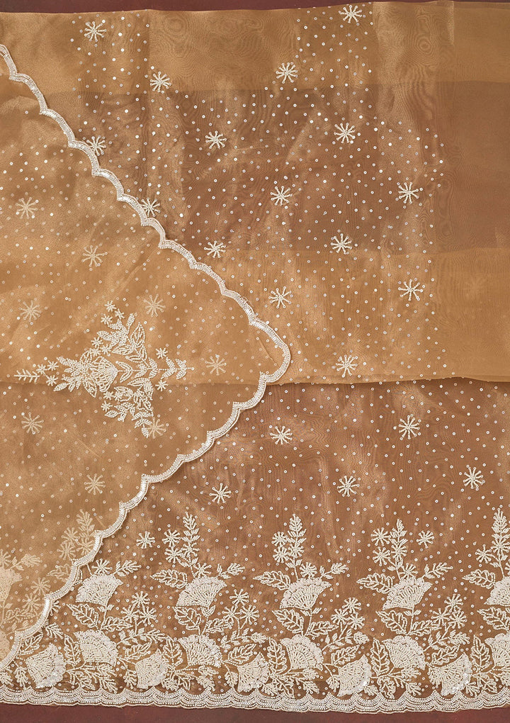 Light Brown Cutdana Organza Unstitched Salwar Suit-Koskii