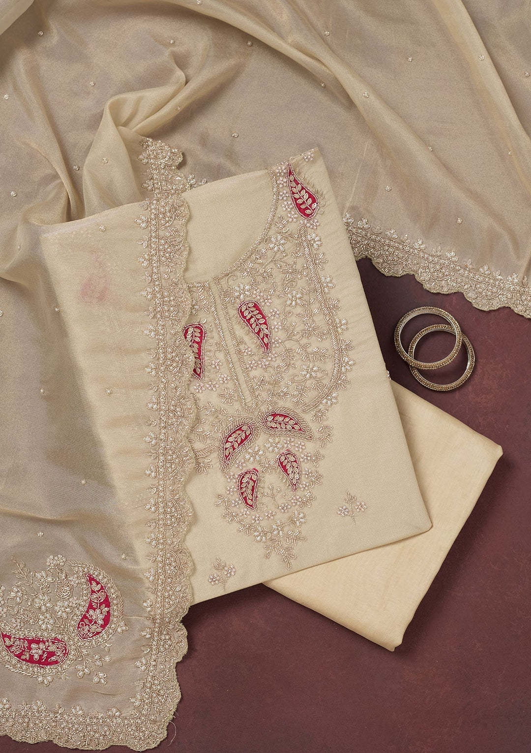 Cream Cutdana Organza Unstitched Salwar Suit-Koskii