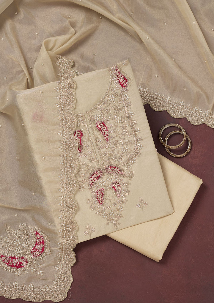 Cream Cutdana Organza Unstitched Salwar Suit-Koskii