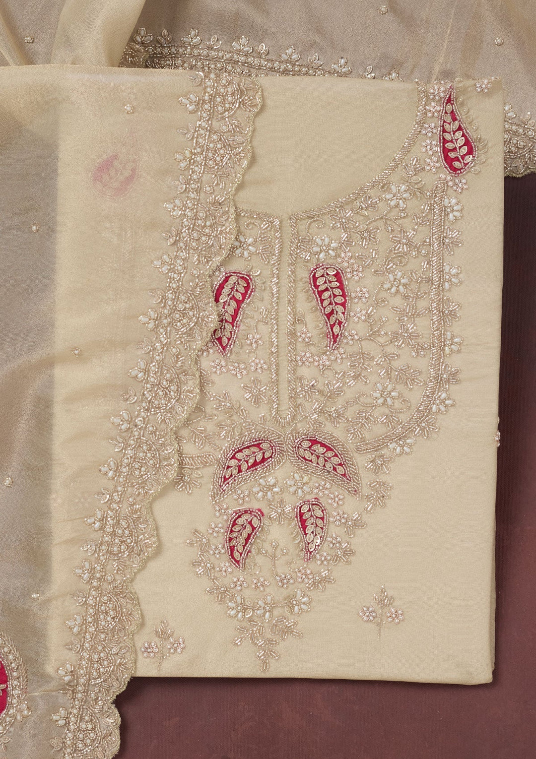 Cream Cutdana Organza Unstitched Salwar Suit-Koskii