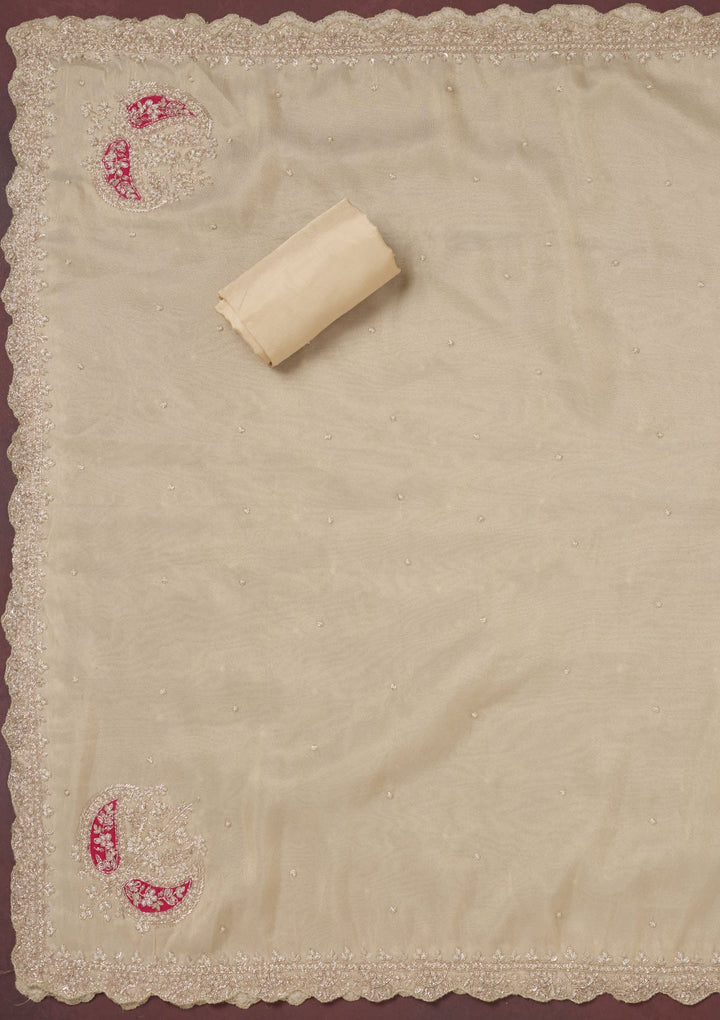 Cream Cutdana Organza Unstitched Salwar Suit-Koskii