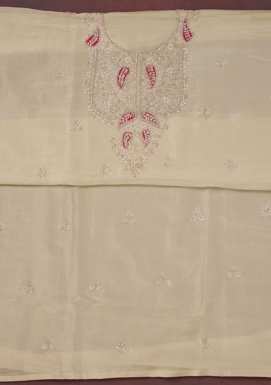 Cream Cutdana Organza Unstitched Salwar Suit-Koskii