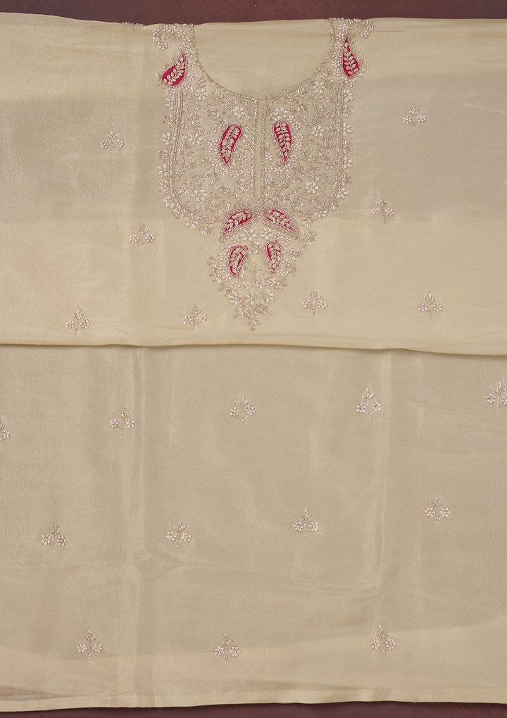 Cream Cutdana Organza Unstitched Salwar Suit-Koskii