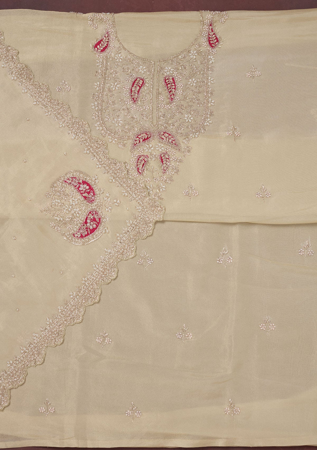 Cream Cutdana Organza Unstitched Salwar Suit-Koskii