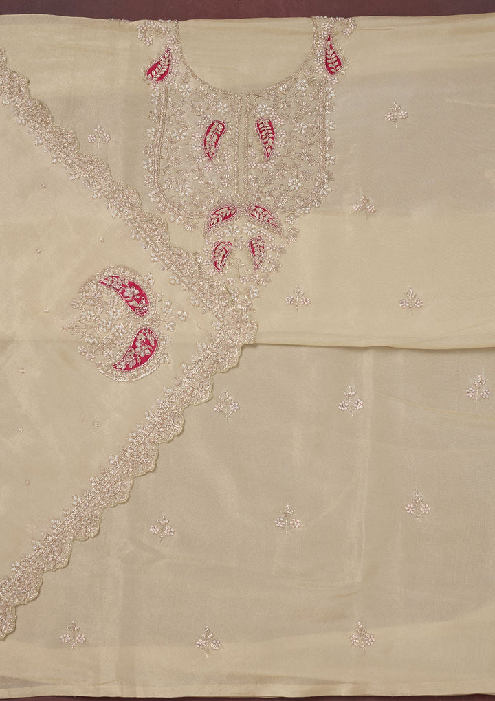Cream Cutdana Organza Unstitched Salwar Suit-Koskii