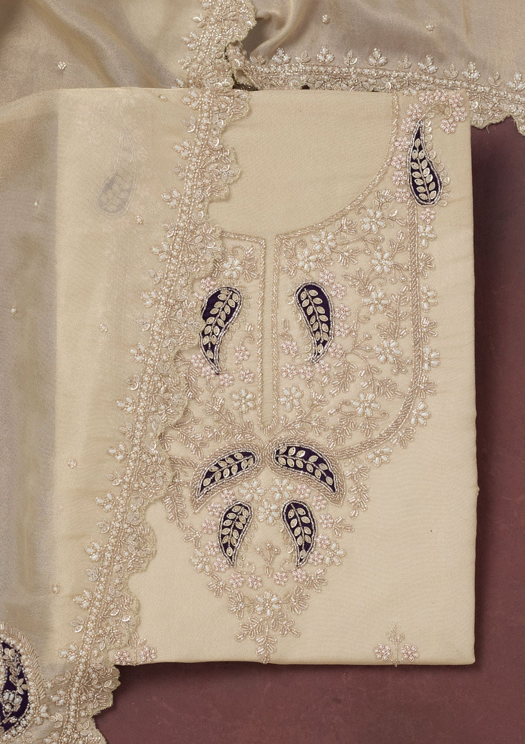 Cream Cutdana Organza Unstitched Salwar Suit-Koskii