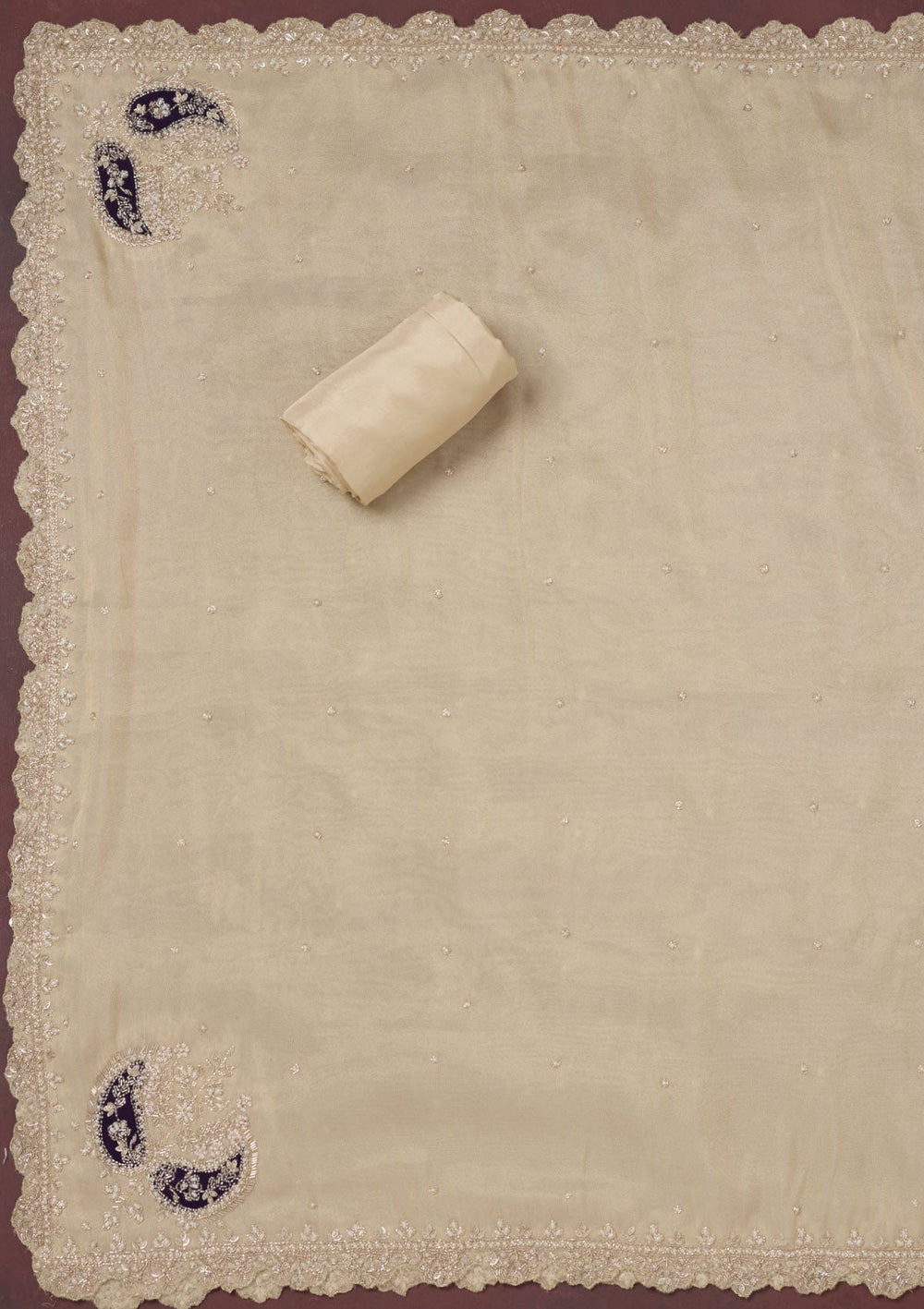 Cream Cutdana Organza Unstitched Salwar Suit-Koskii