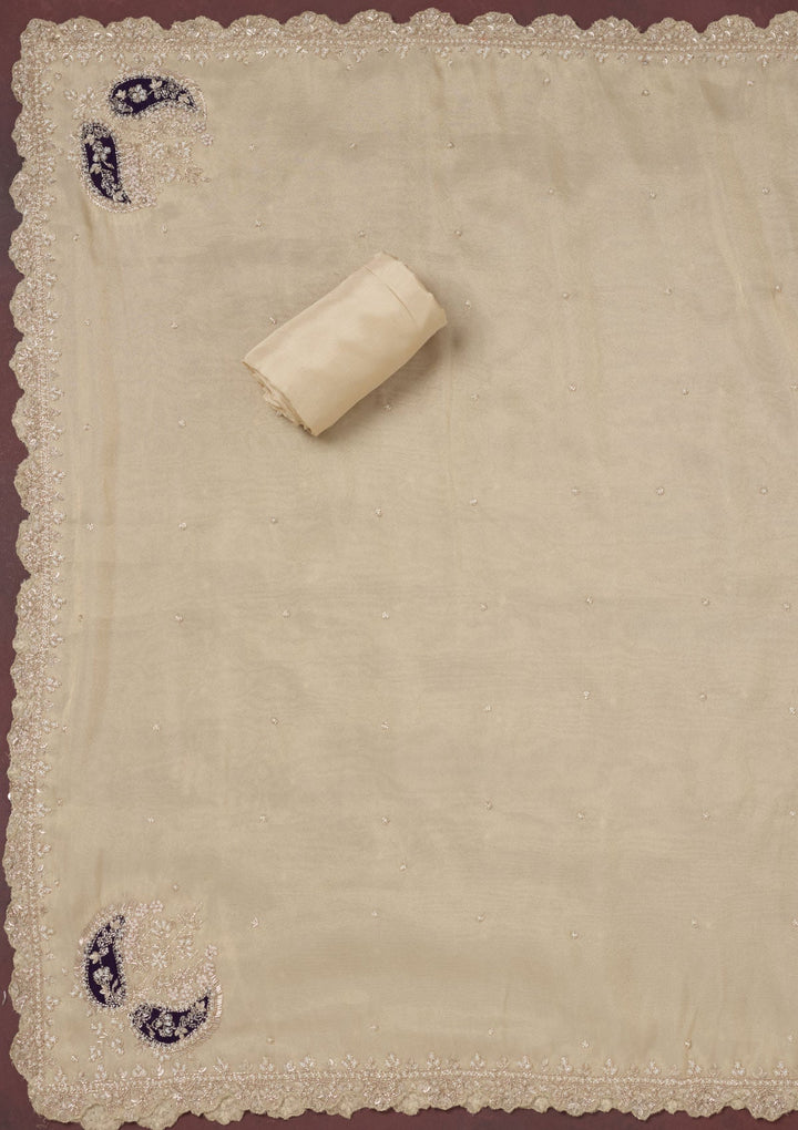 Cream Cutdana Organza Unstitched Salwar Suit-Koskii