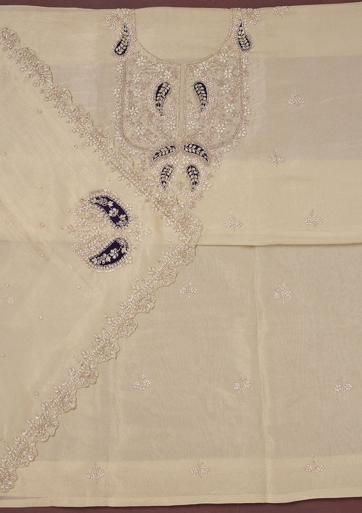 Cream Cutdana Organza Unstitched Salwar Suit-Koskii