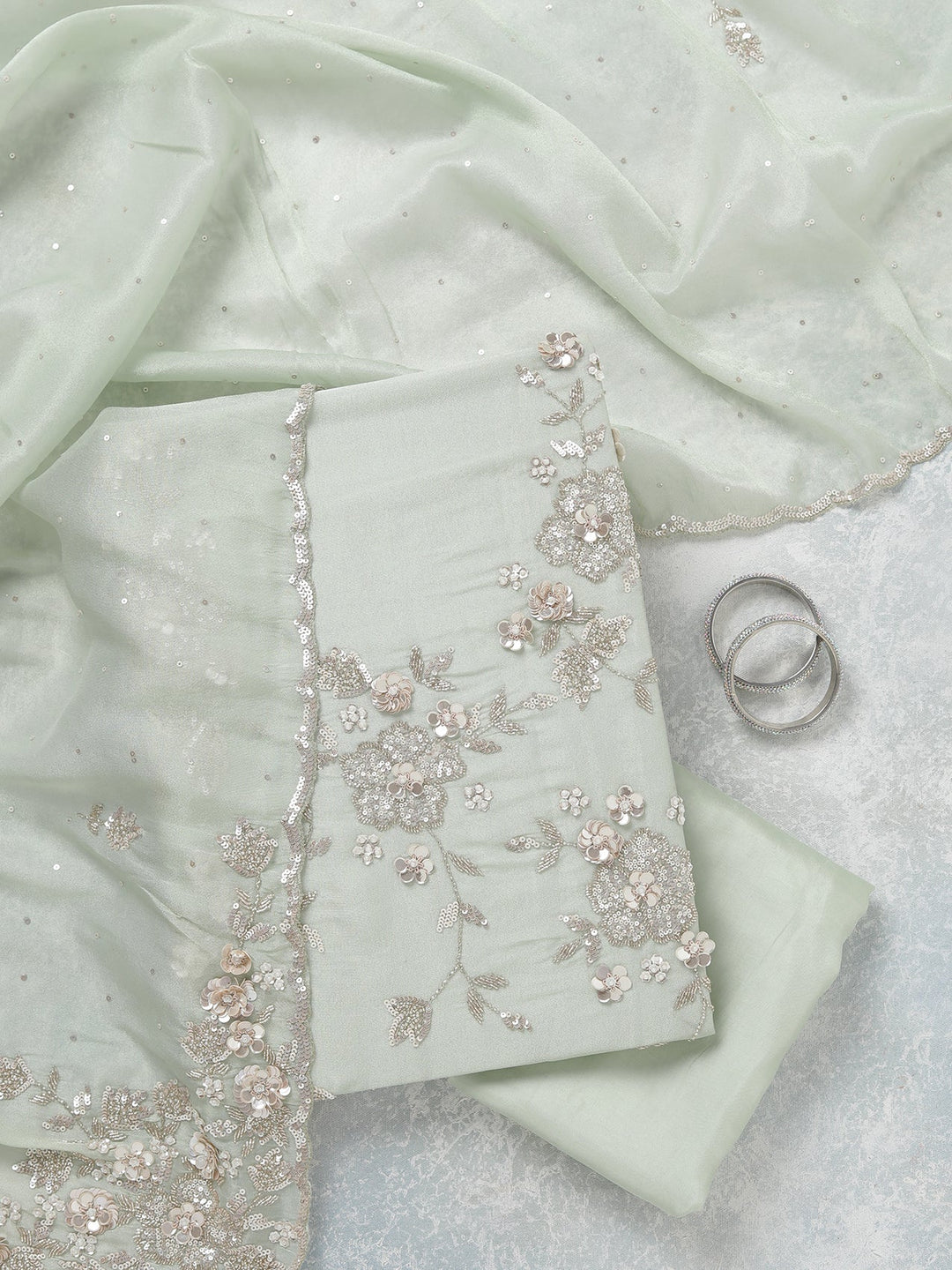 Pista Green Cutdana Tissue Unstitched Salwar Suit-koskii