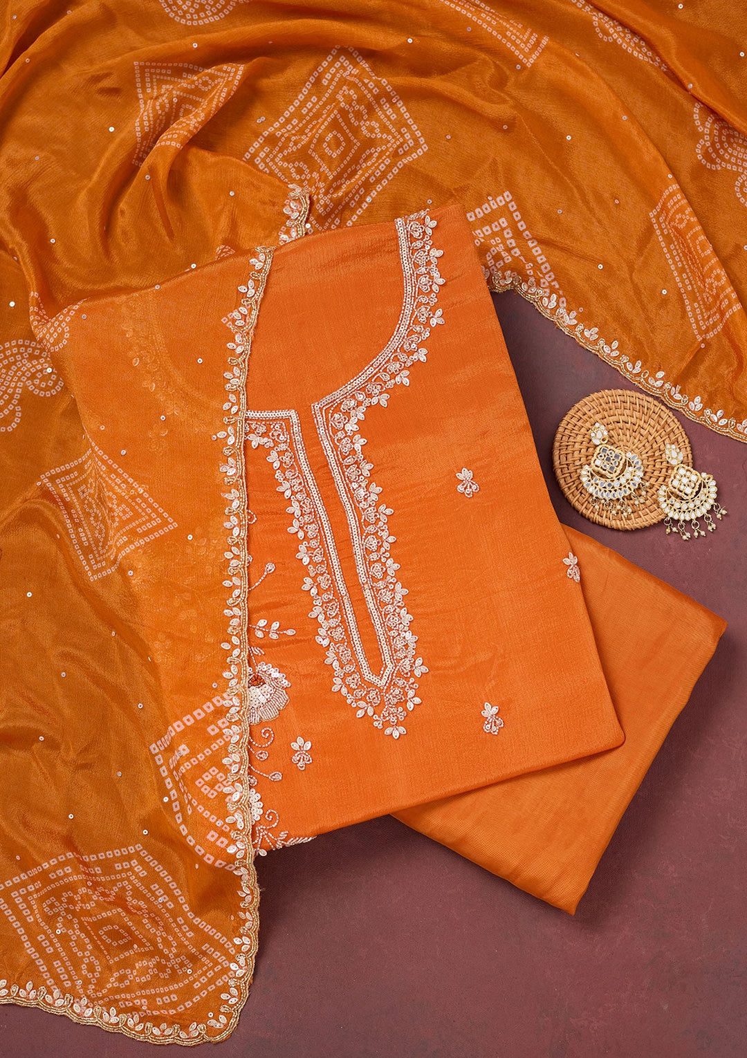 Orange Cutdana Crepe Unstitched Salwar Suit-Koskii