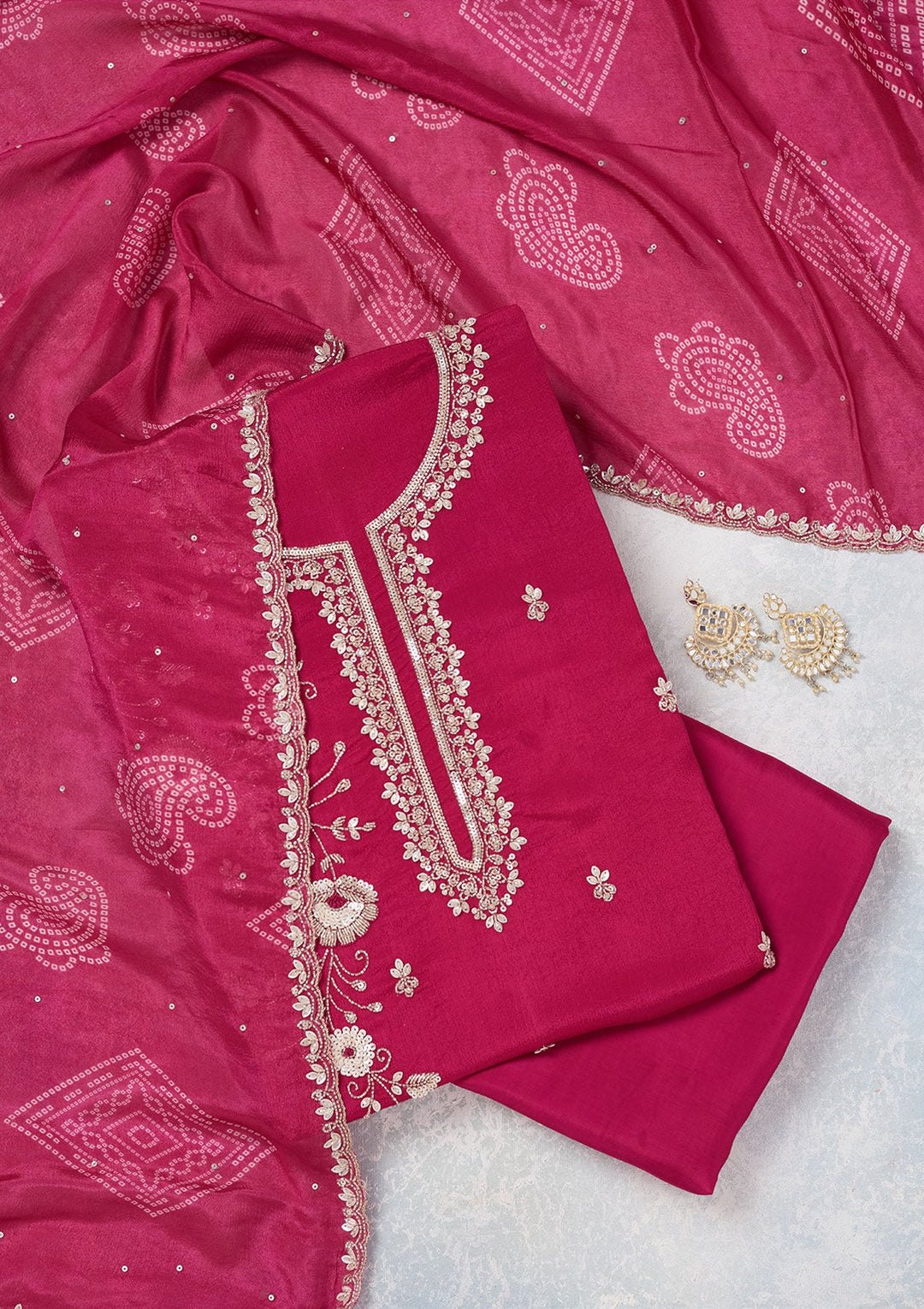 Rani Pink Cutdana Crepe Unstitched Salwar Suit-Koskii