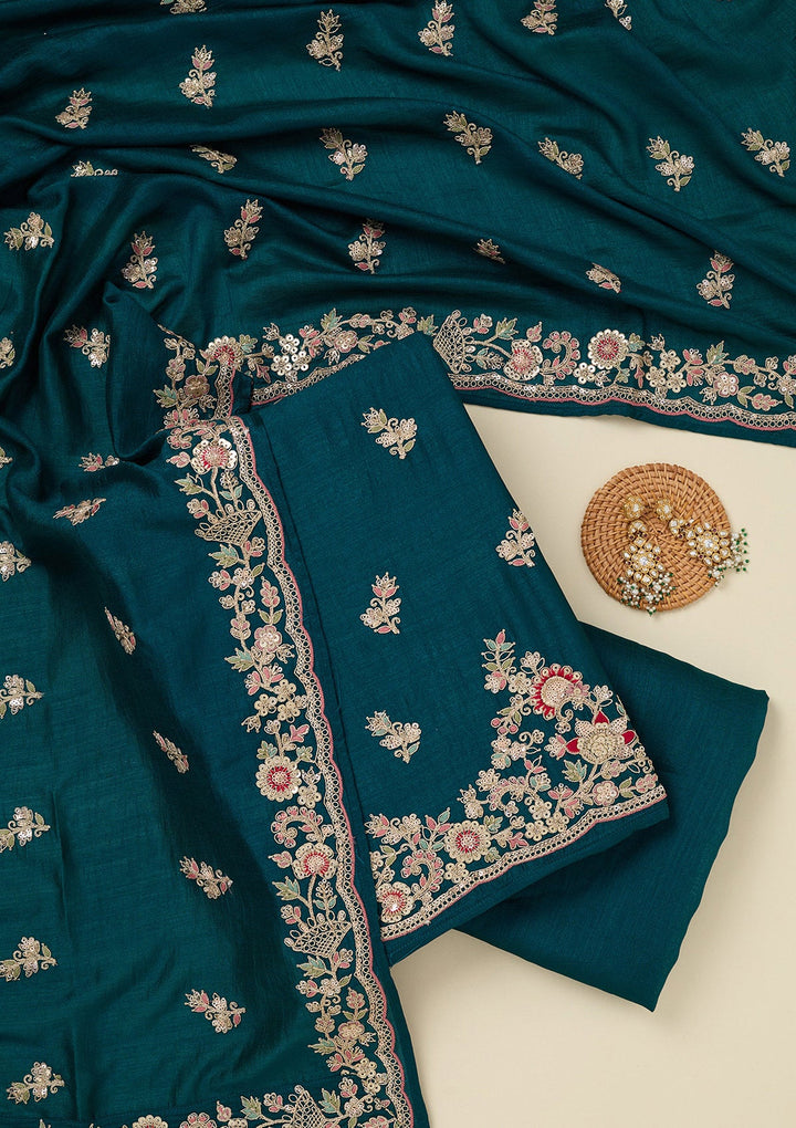 Peacock Blue Zariwork (Gold) Soft Raw Silk Unstitched Salwar Suit_koskii