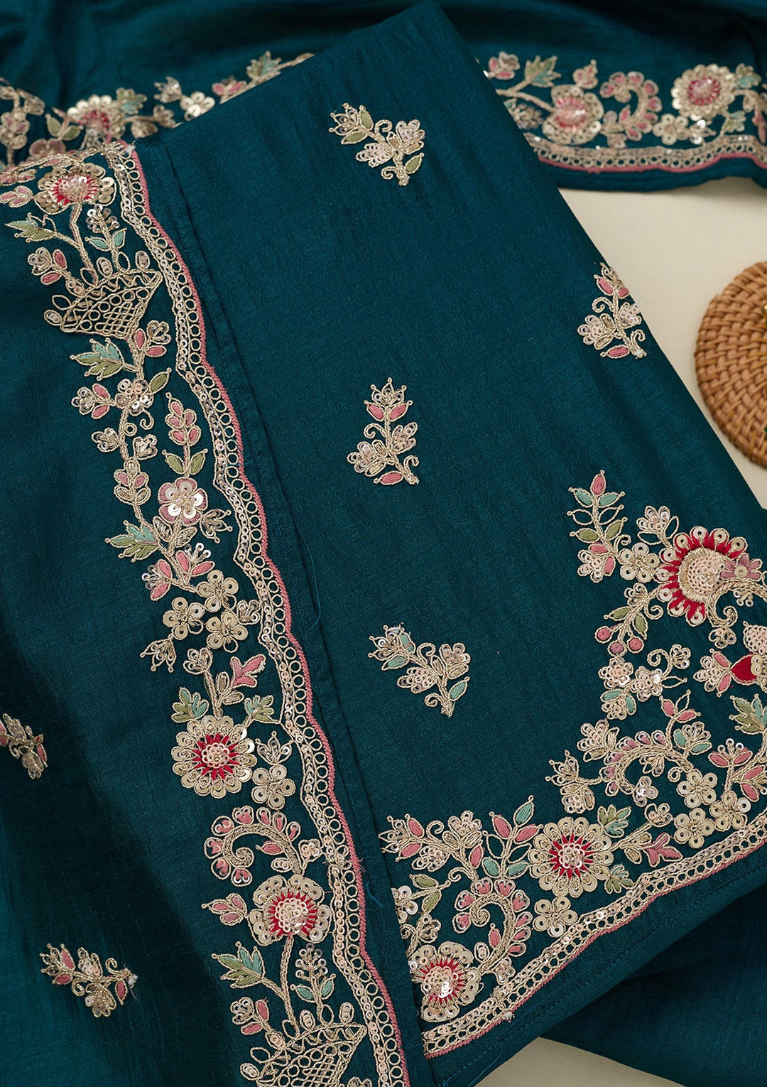 Peacock Blue Zariwork (Gold) Soft Raw Silk Unstitched Salwar Suit_koskii