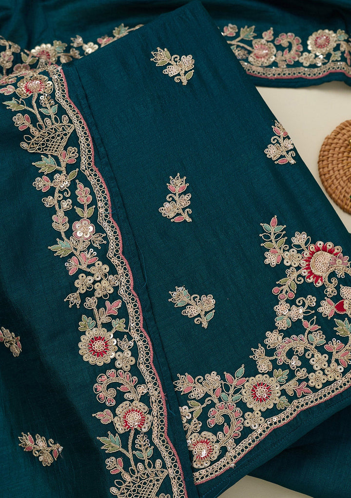 Peacock Blue Zariwork (Gold) Soft Raw Silk Unstitched Salwar Suit_koskii