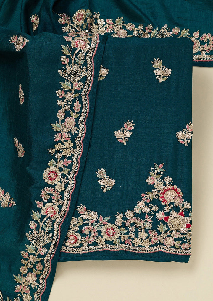 Peacock Blue Zariwork (Gold) Soft Raw Silk Unstitched Salwar Suit_koskii