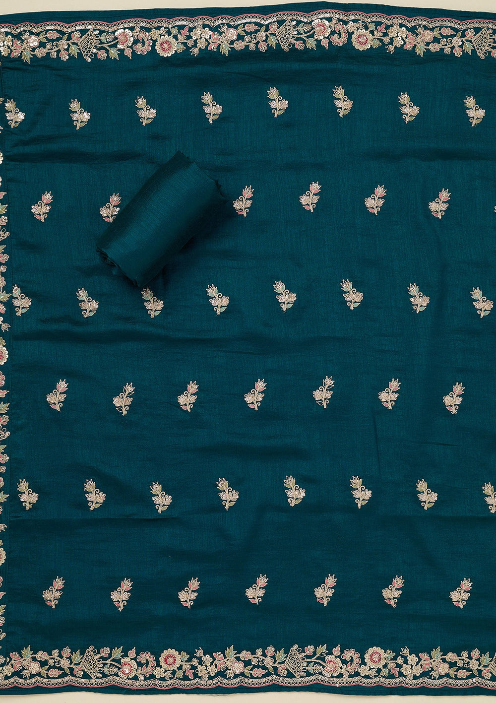 Peacock Blue Zariwork (Gold) Soft Raw Silk Unstitched Salwar Suit_koskii