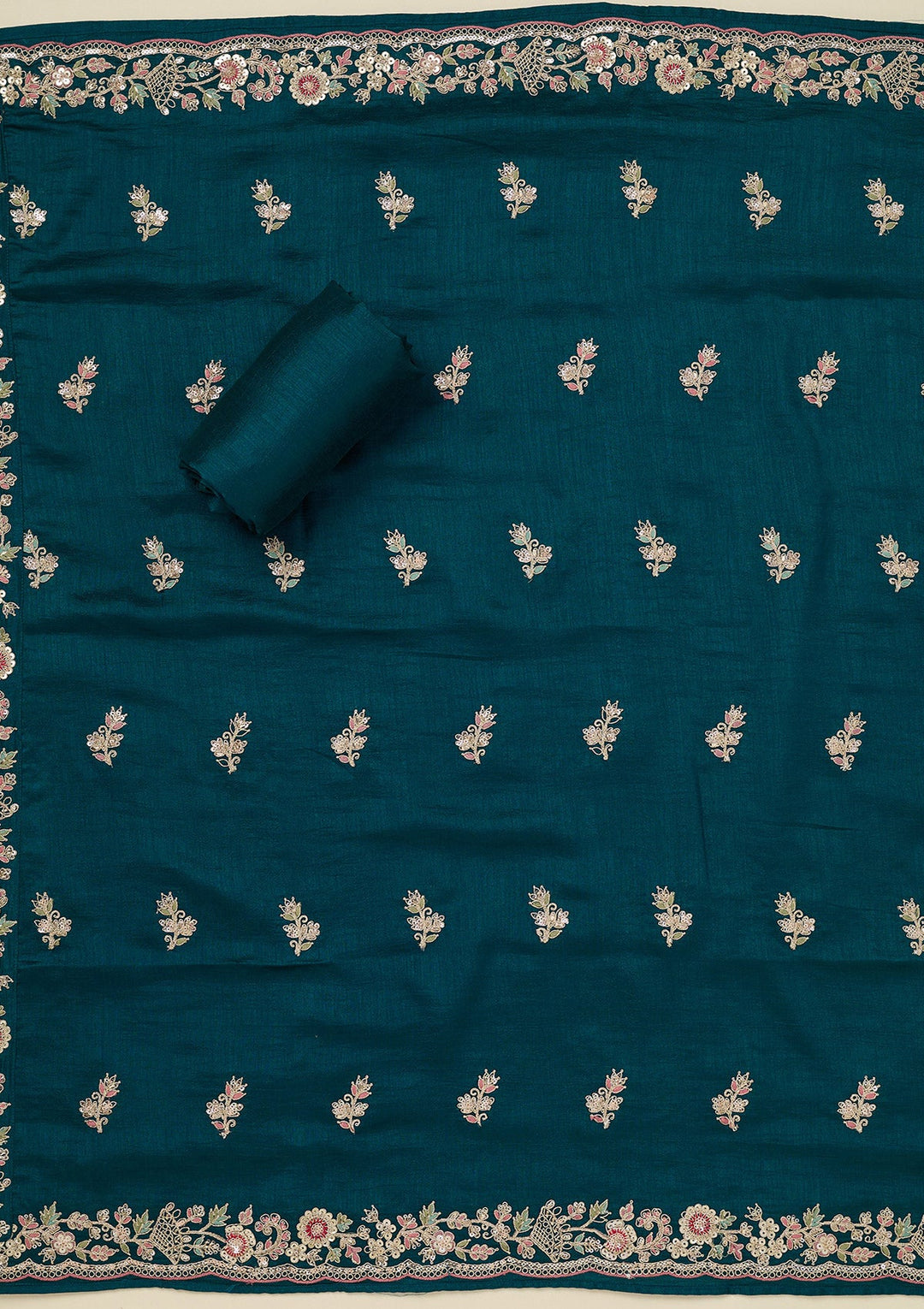 Peacock Blue Zariwork (Gold) Soft Raw Silk Unstitched Salwar Suit_koskii