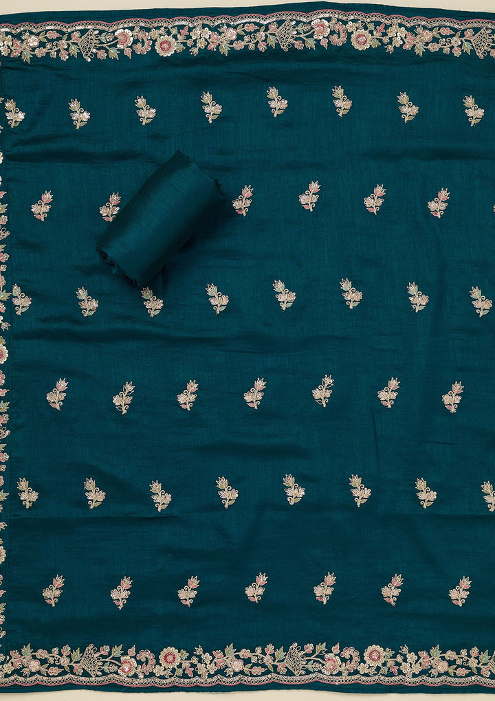 Peacock Blue Zariwork (Gold) Soft Raw Silk Unstitched Salwar Suit_koskii