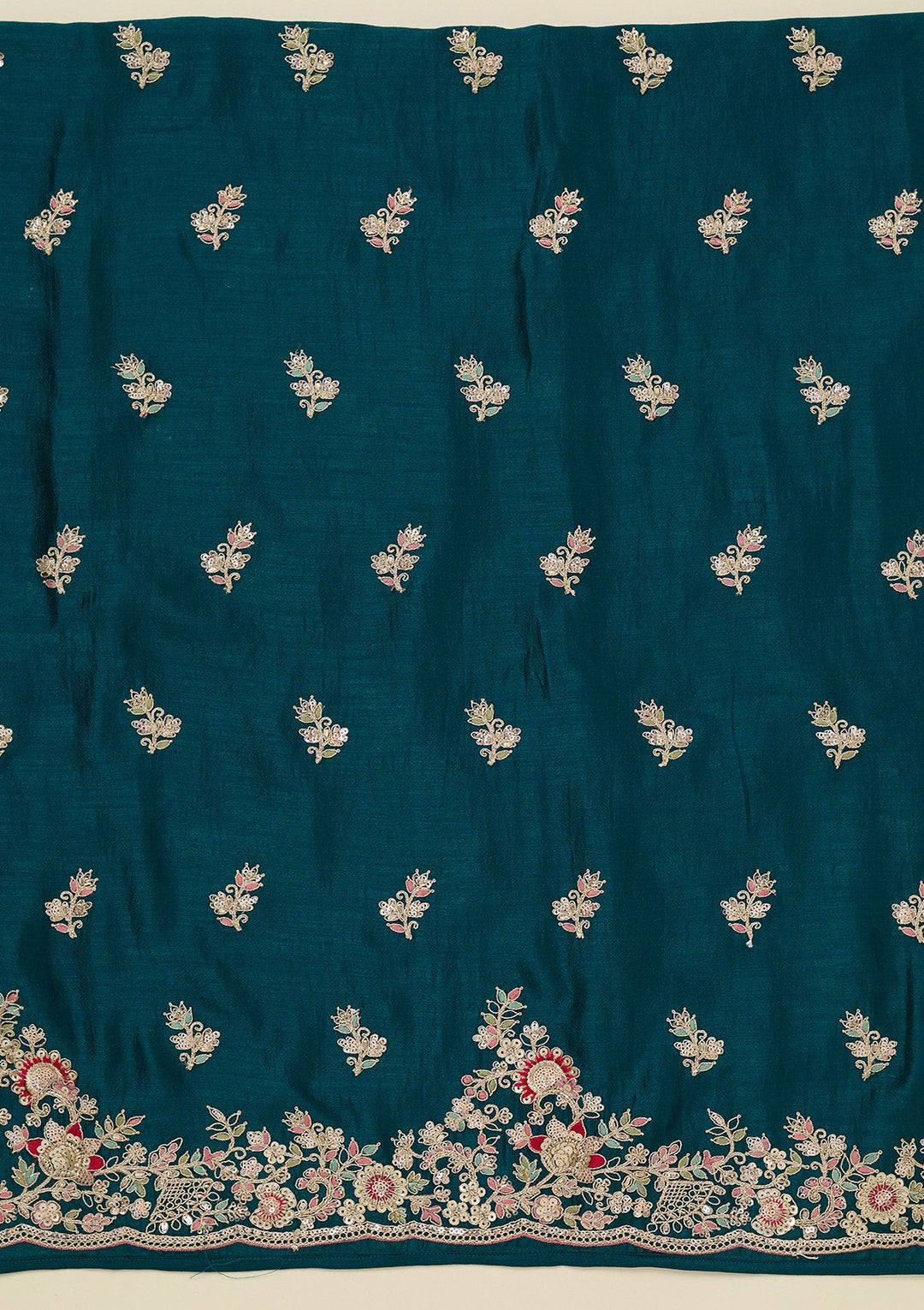 Peacock Blue Zariwork (Gold) Soft Raw Silk Unstitched Salwar Suit_koskii